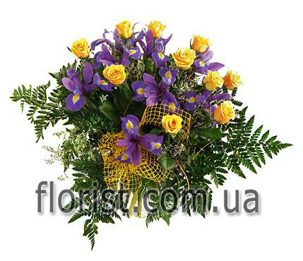 Bouquet roses and irises Bright Fantasy